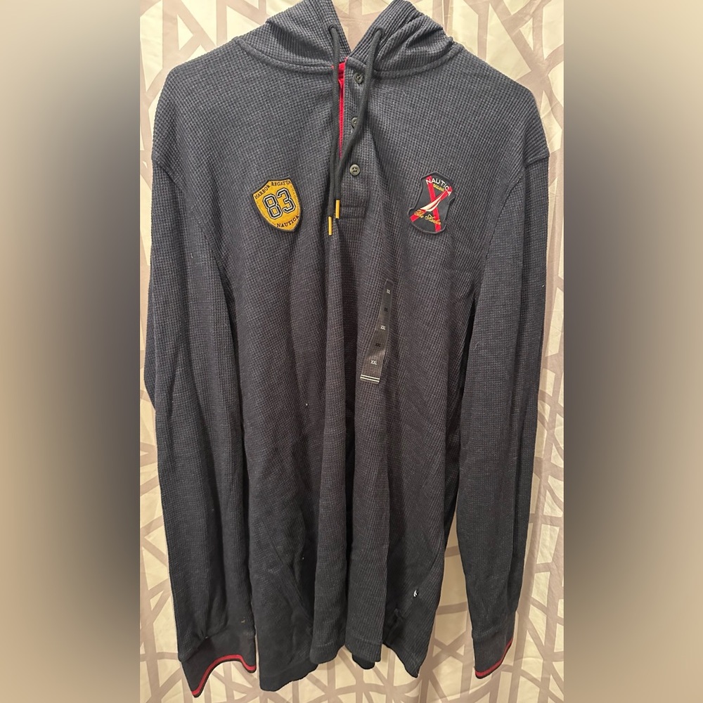 NWT, Nautica, men’s hoodie, XXL, blue with red trim, patches blue